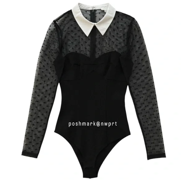 FLEUR DU MAL Polka Dot Tulle Mesh Collar Bodysuit Sheer Black White XS - Picture 4 of 14